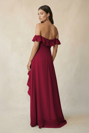 Ruffled Off-the-Shoulder A-Line Chiffon Bridesmaid Dress in Berry - SHE IS ME BRIDESMAID DRESSES