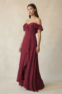 Ruffled Off-the-Shoulder A-Line Chiffon Bridesmaid Dress in Berry | KISSBRIDAL