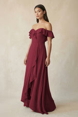 Ruffled Off-the-Shoulder A-Line Chiffon Bridesmaid Dress in Berry | KISSBRIDAL