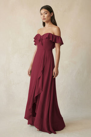 Ruffled Off-the-Shoulder A-Line Chiffon Bridesmaid Dress in Berry | KISSBRIDAL