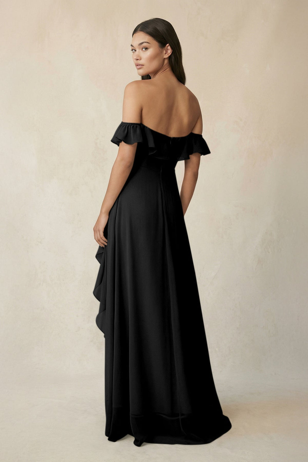 Ruffled Off-the-Shoulder A-Line Chiffon Bridesmaid Dress in Black - KISS BRIDAL BRIDESMAID DRESSES