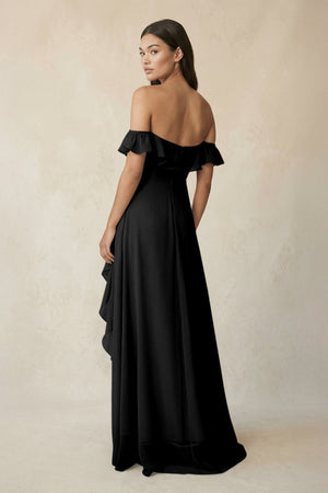 Ruffled Off-the-Shoulder A-Line Chiffon Bridesmaid Dress in Black - SHE IS ME BRIDESMAID DRESSES