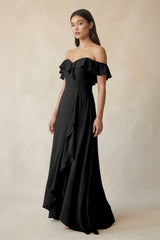 Ruffled Off-the-Shoulder A-Line Chiffon Bridesmaid Dress in Black - KISS BRIDAL BRIDESMAID DRESSES