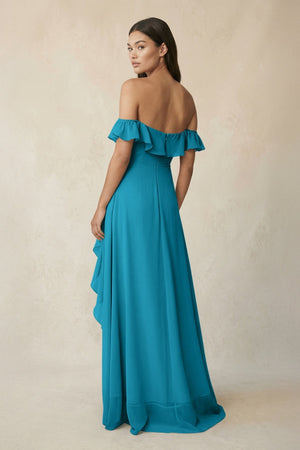Ruffled Off-the-Shoulder A-Line Chiffon Bridesmaid Dress in Blue Jay - SHE IS ME BRIDESMAID DRESSES