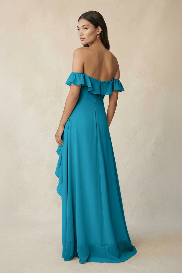 Ruffled Off-the-Shoulder A-Line Chiffon Bridesmaid Dress in Blue Jay - SHE IS ME BRIDESMAID DRESSES
