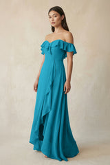 Ruffled Off-the-Shoulder A-Line Chiffon Bridesmaid Dress in Blue Jay - KISS BRIDAL BRIDESMAID DRESSES
