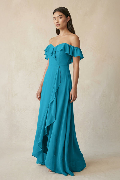 Ruffled Off-the-Shoulder A-Line Chiffon Bridesmaid Dress in Blue Jay - SHE IS ME BRIDESMAID DRESSES