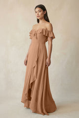 Ruffled Off-the-Shoulder A-Line Chiffon Bridesmaid Dress in Bronzer - KISS BRIDAL BRIDESMAID DRESSES