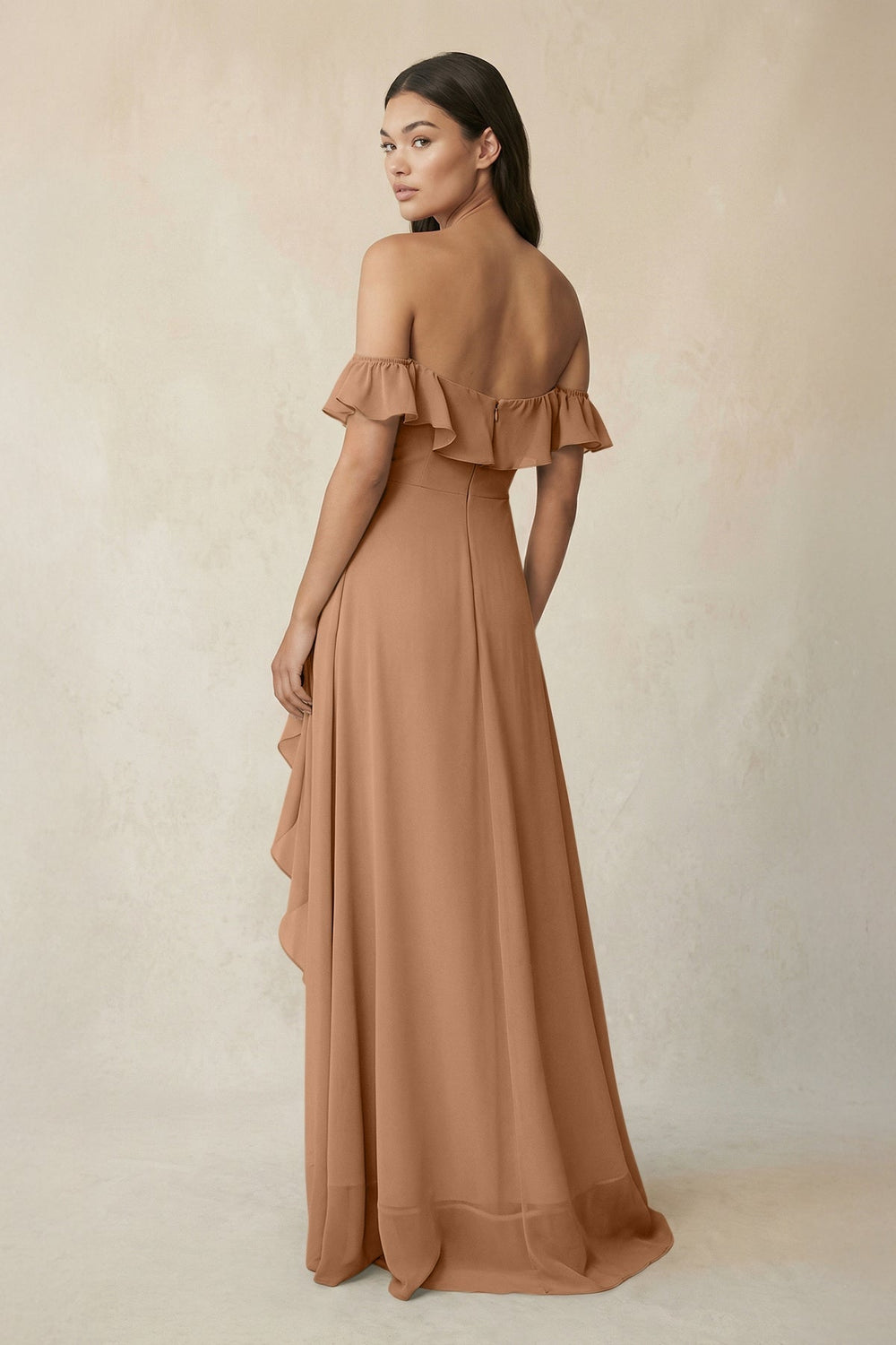 Ruffled Off-the-Shoulder A-Line Chiffon Bridesmaid Dress in Bronzer - KISS BRIDAL BRIDESMAID DRESSES