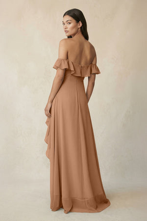 Ruffled Off-the-Shoulder A-Line Chiffon Bridesmaid Dress in Bronzer - SHE IS ME BRIDESMAID DRESSES