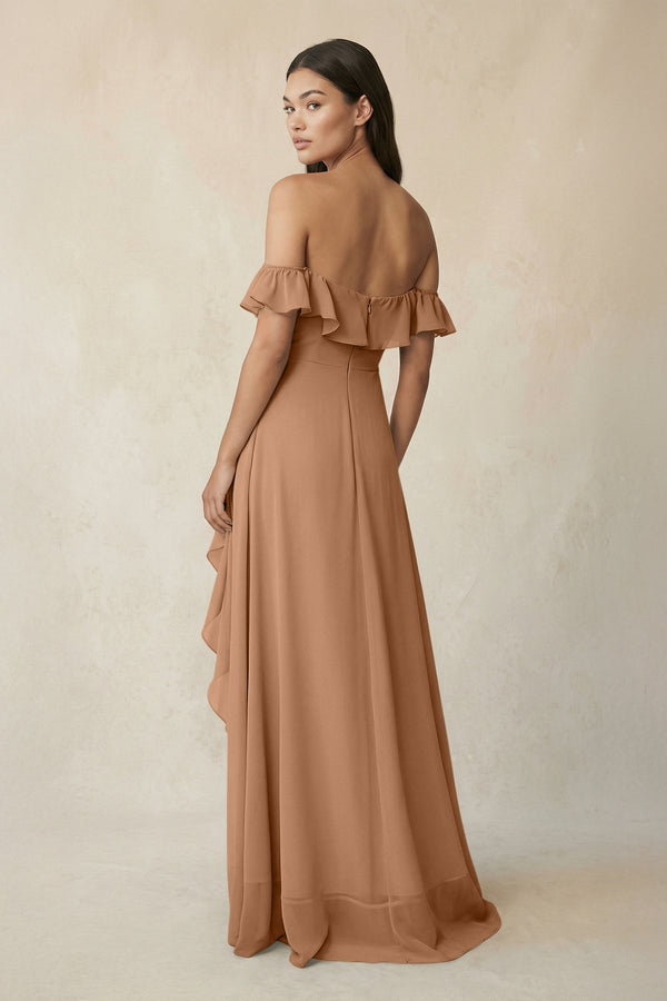 Ruffled Off-the-Shoulder A-Line Chiffon Bridesmaid Dress in Bronzer - SHE IS ME BRIDESMAID DRESSES