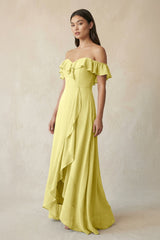 Ruffled Off-the-Shoulder A-Line Chiffon Bridesmaid Dress in Buttercup - KISS BRIDAL BRIDESMAID DRESSES