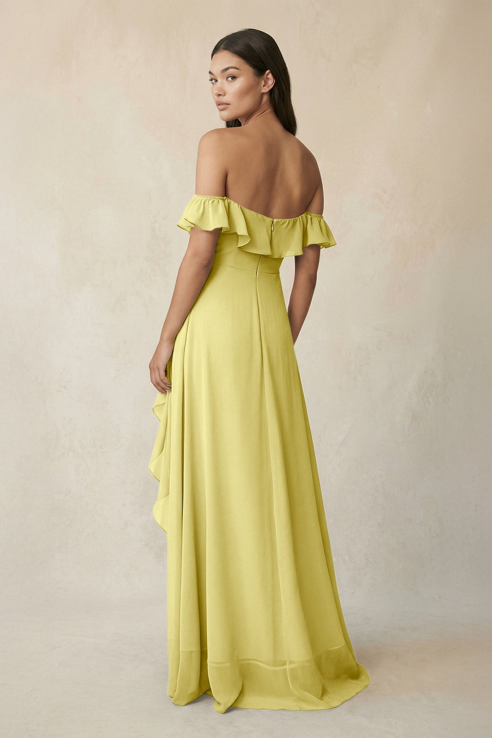 Ruffled Off-the-Shoulder A-Line Chiffon Bridesmaid Dress in Buttercup - KISS BRIDAL BRIDESMAID DRESSES