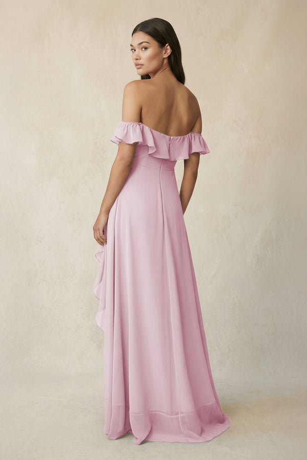 Ruffled Off-the-Shoulder A-Line Chiffon Bridesmaid Dress in Candy Pink (2) | KISSBRIDAL