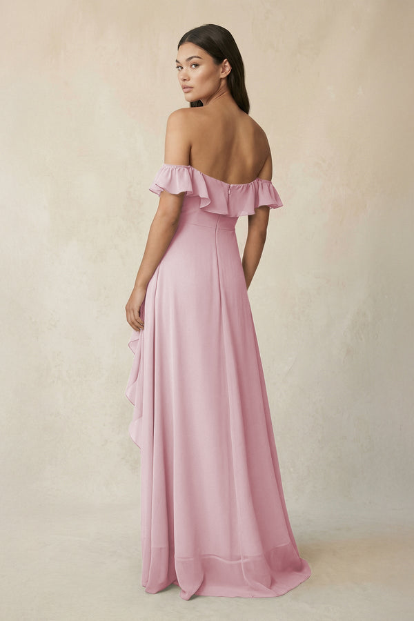 Ruffled Off-the-Shoulder A-Line Chiffon Bridesmaid Dress in Candy Pink - SHE IS ME BRIDESMAID DRESSES