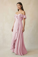 Ruffled Off-the-Shoulder A-Line Chiffon Bridesmaid Dress in Candy Pink - SHE IS ME BRIDESMAID DRESSES