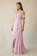 Ruffled Off-the-Shoulder A-Line Chiffon Bridesmaid Dress in Candy Pink | KISSBRIDAL