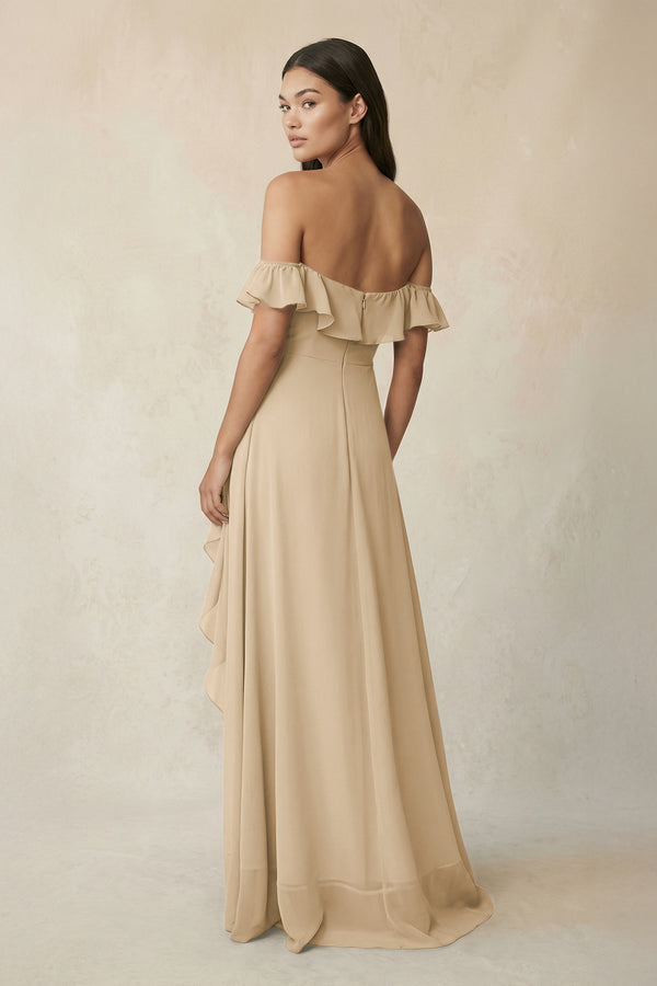 Ruffled Off-the-Shoulder A-Line Chiffon Bridesmaid Dress in Champagne (2) | KISSBRIDAL