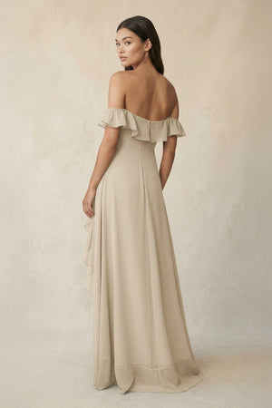 Ruffled Off-the-Shoulder A-Line Chiffon Bridesmaid Dress in Champagne - SHE IS ME BRIDESMAID DRESSES