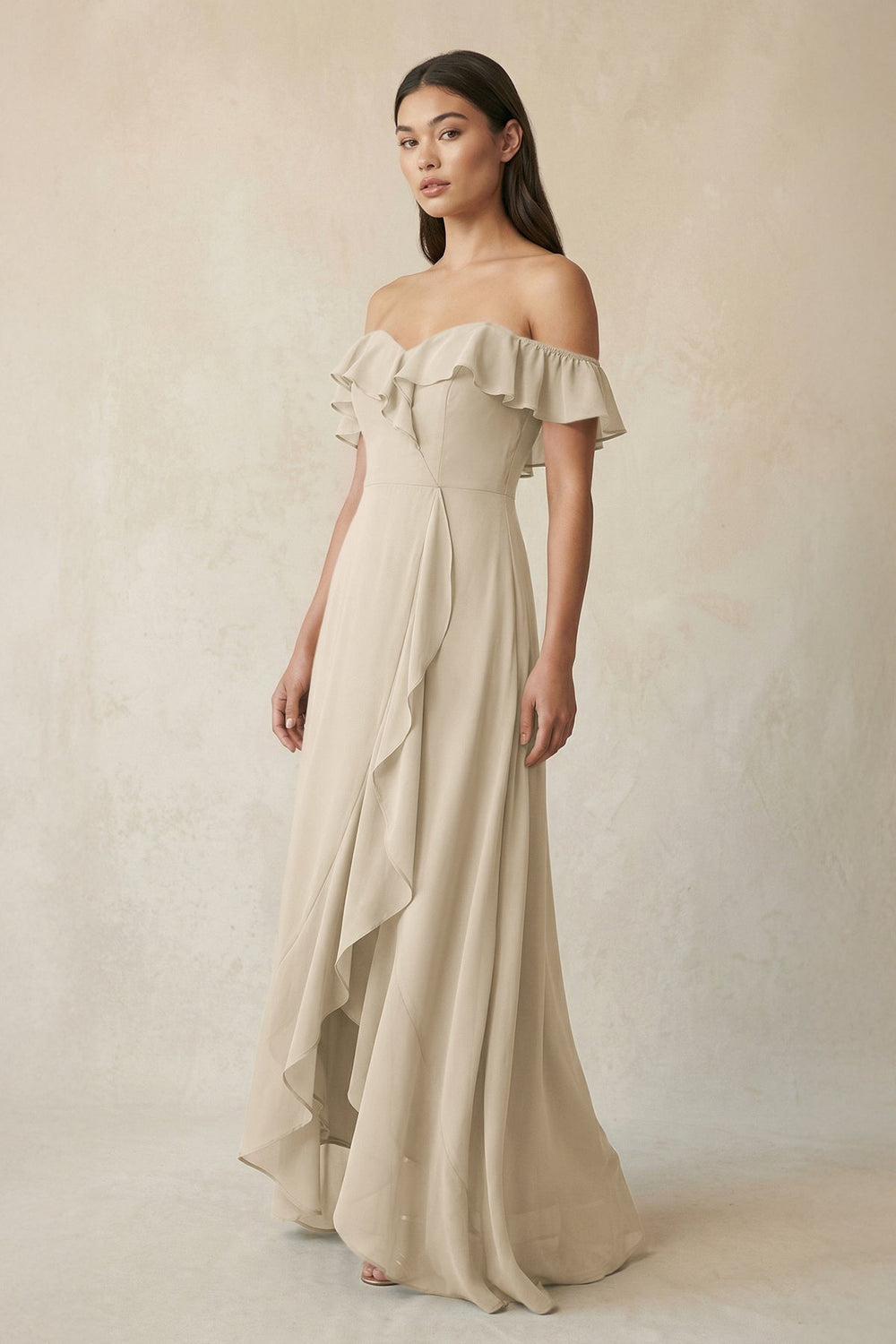 Ruffled Off-the-Shoulder A-Line Chiffon Bridesmaid Dress in Champagne - KISS BRIDAL BRIDESMAID DRESSES