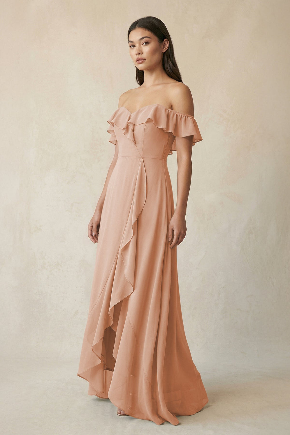 Ruffled Off-the-Shoulder A-Line Chiffon Bridesmaid Dress in Champagne Rose - KISS BRIDAL BRIDESMAID DRESSES