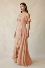 Ruffled Off-the-Shoulder A-Line Chiffon Bridesmaid Dress in Champagne Rose - KISS BRIDAL BRIDESMAID DRESSES