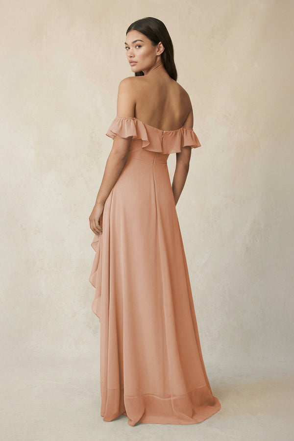Ruffled Off-the-Shoulder A-Line Chiffon Bridesmaid Dress in Champagne Rose - SHE IS ME BRIDESMAID DRESSES