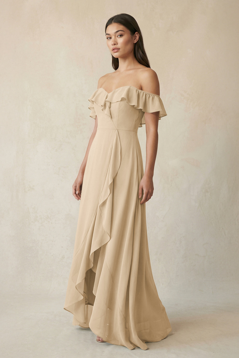 Ruffled Off-the-Shoulder A-Line Chiffon Bridesmaid Dress in Champagne