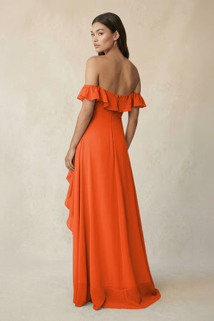 Ruffled Off-the-Shoulder A-Line Chiffon Bridesmaid Dress in Cinnamon (2) | KISSBRIDAL