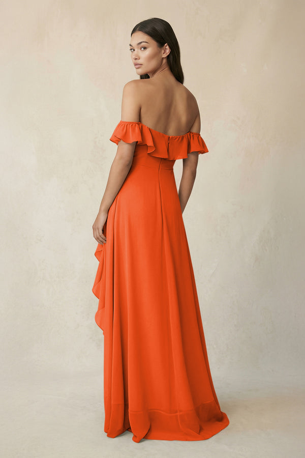 Ruffled Off-the-Shoulder A-Line Chiffon Bridesmaid Dress in Cinnamon (2) | KISSBRIDAL