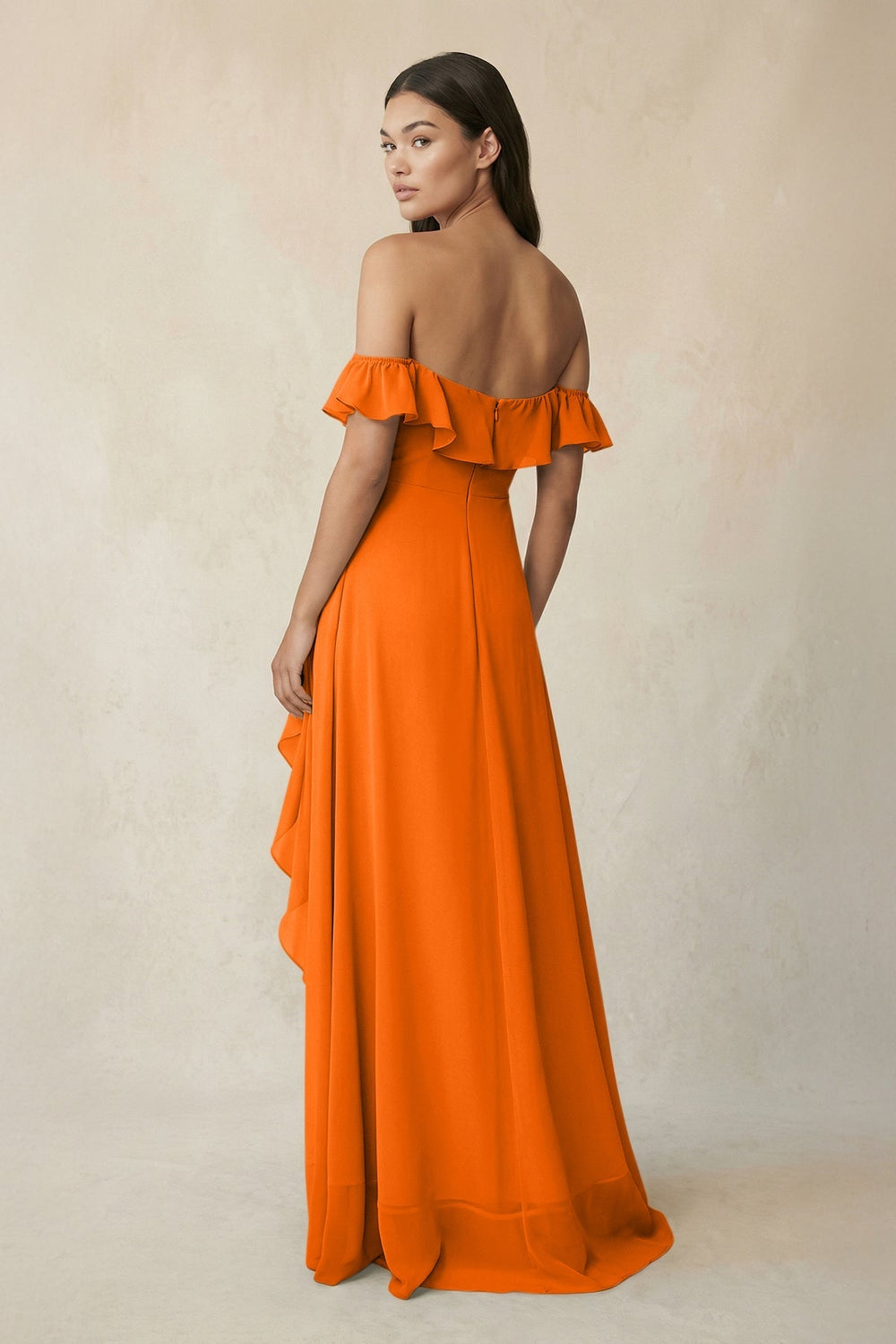 Ruffled Off-the-Shoulder A-Line Chiffon Bridesmaid Dress in Cinnamon - KISS BRIDAL BRIDESMAID DRESSES