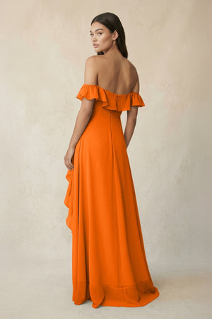 Ruffled Off-the-Shoulder A-Line Chiffon Bridesmaid Dress in Cinnamon - SHE IS ME BRIDESMAID DRESSES