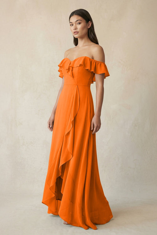 Ruffled Off-the-Shoulder A-Line Chiffon Bridesmaid Dress in Cinnamon - SHE IS ME BRIDESMAID DRESSES