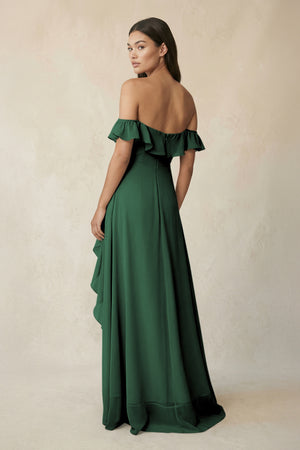 Ruffled Off-the-Shoulder A-Line Chiffon Bridesmaid Dress in Dark Green (2) | KISSBRIDAL