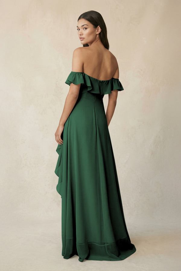 Ruffled Off-the-Shoulder A-Line Chiffon Bridesmaid Dress in Dark Green (2) | KISSBRIDAL