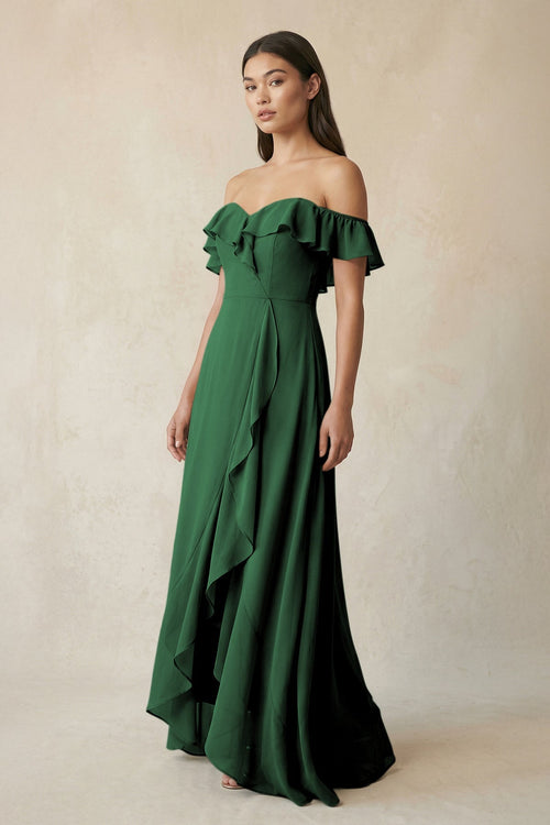 Ruffled Off-the-Shoulder A-Line Chiffon Bridesmaid Dress in Dark Green - SHE IS ME BRIDESMAID DRESSES
