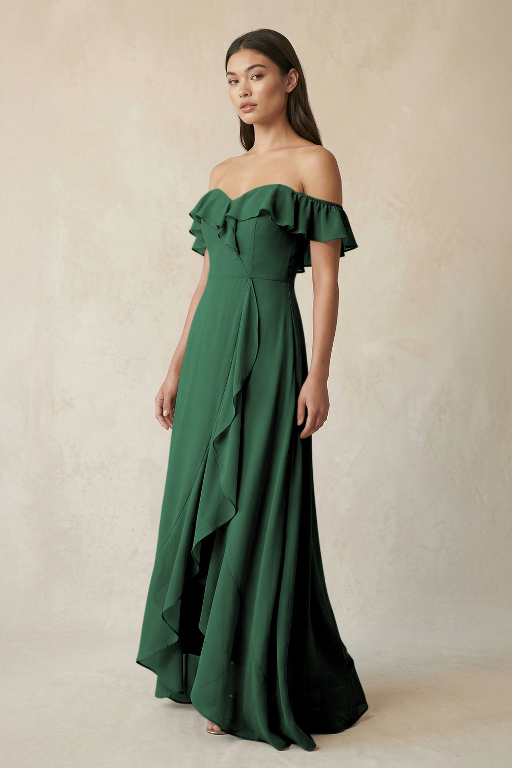 Ruffled Off-the-Shoulder A-Line Chiffon Bridesmaid Dress in Dark Green