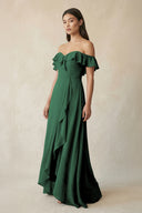 Ruffled Off-the-Shoulder A-Line Chiffon Bridesmaid Dress in Dark Green | KISSBRIDAL