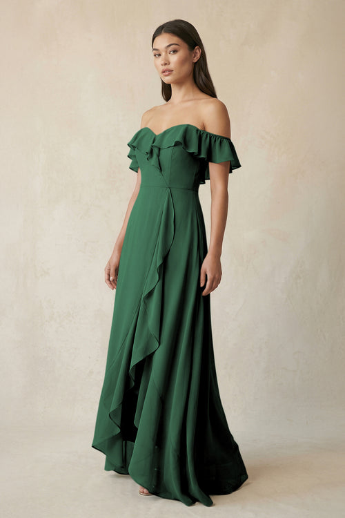 Ruffled Off-the-Shoulder A-Line Chiffon Bridesmaid Dress in Dark Green | KISSBRIDAL