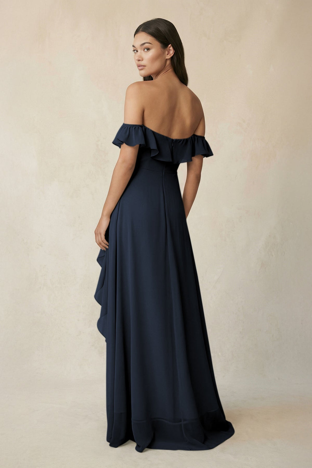 Ruffled Off-the-Shoulder A-Line Chiffon Bridesmaid Dress in Dark Navy - KISS BRIDAL BRIDESMAID DRESSES