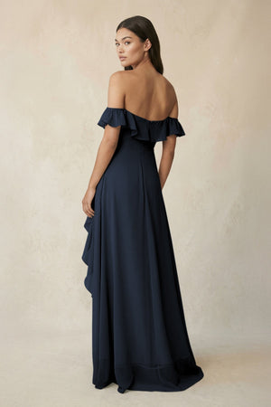 Ruffled Off-the-Shoulder A-Line Chiffon Bridesmaid Dress in Dark Navy - SHE IS ME BRIDESMAID DRESSES