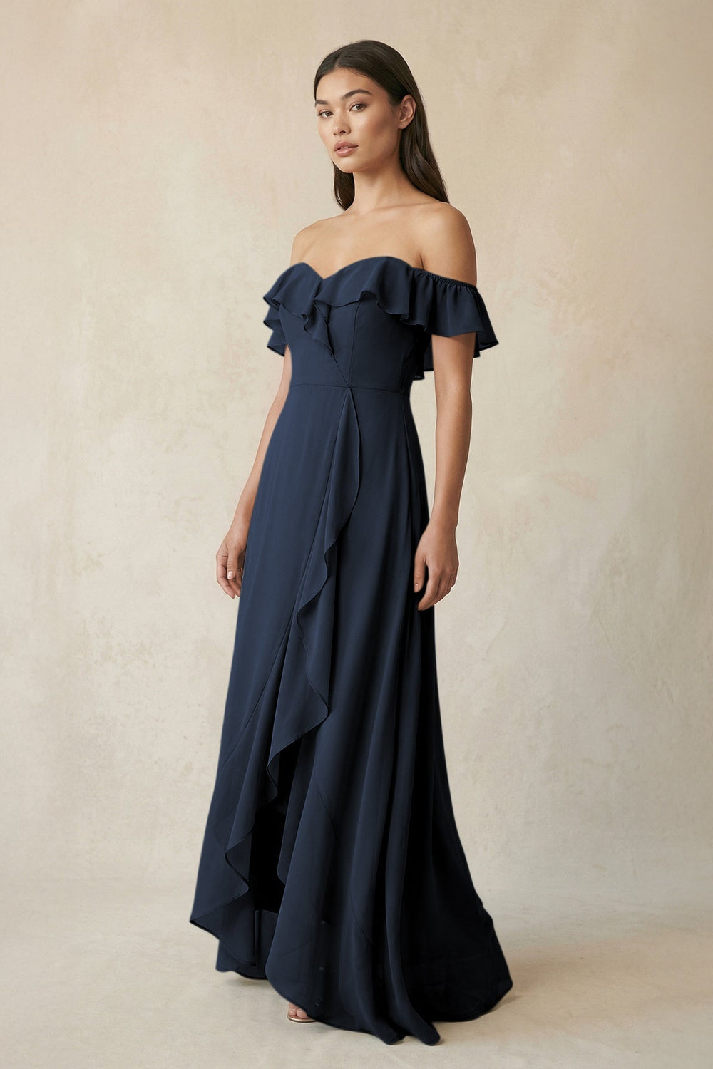 Ruffled Off-the-Shoulder A-Line Chiffon Bridesmaid Dress in Dark Navy - KISS BRIDAL BRIDESMAID DRESSES