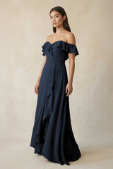 Ruffled Off-the-Shoulder A-Line Chiffon Bridesmaid Dress in Dark Navy - KISS BRIDAL BRIDESMAID DRESSES