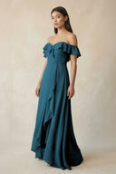 Ruffled Off-the-Shoulder A-Line Chiffon Bridesmaid Dress in Dark Teal - SHE IS ME BRIDESMAID DRESSES