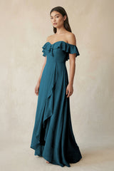 Ruffled Off-the-Shoulder A-Line Chiffon Bridesmaid Dress in Dark Teal - KISS BRIDAL BRIDESMAID DRESSES