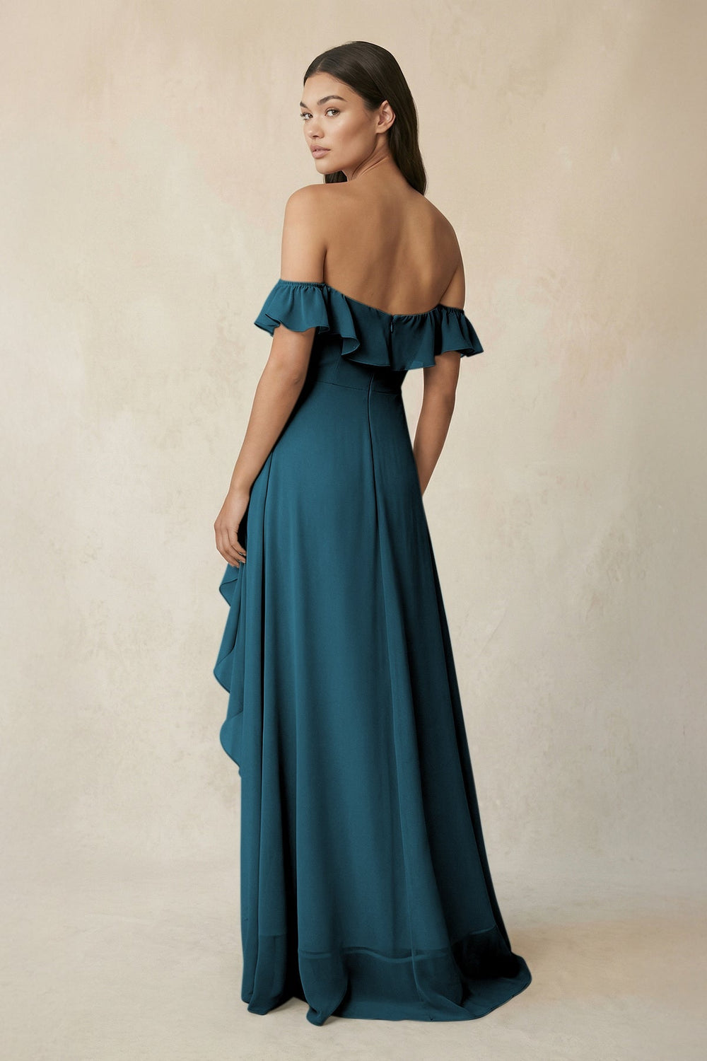 Ruffled Off-the-Shoulder A-Line Chiffon Bridesmaid Dress in Dark Teal - KISS BRIDAL BRIDESMAID DRESSES