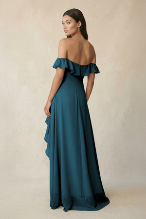 Ruffled Off-the-Shoulder A-Line Chiffon Bridesmaid Dress in Dark Teal - SHE IS ME BRIDESMAID DRESSES