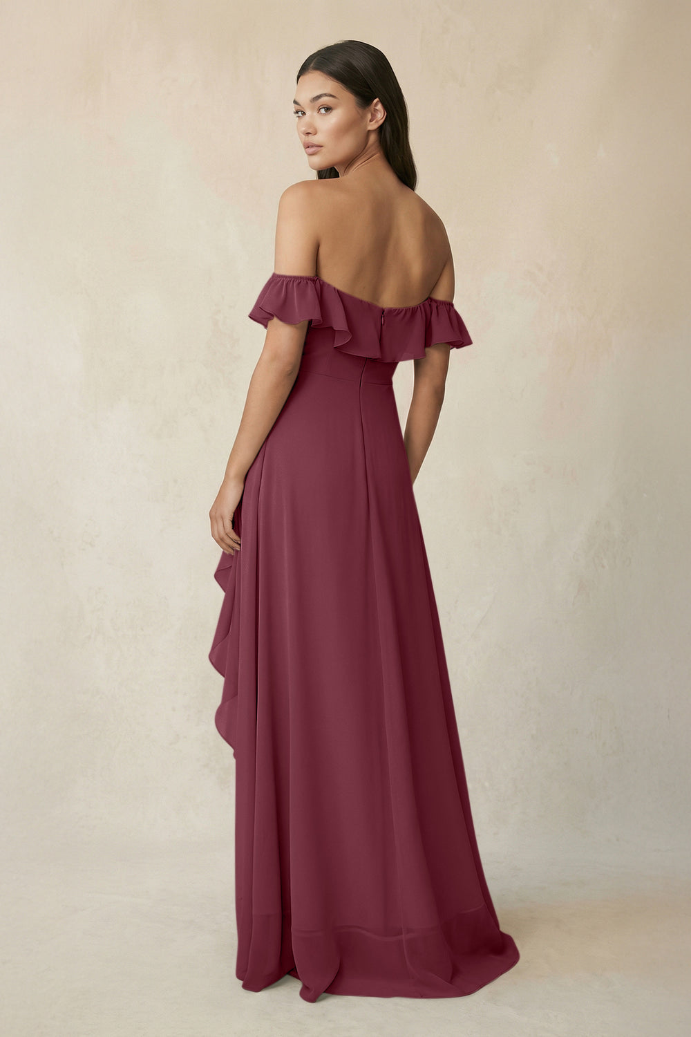 Ruffled Off-the-Shoulder A-Line Chiffon Bridesmaid Dress in Desert Rose