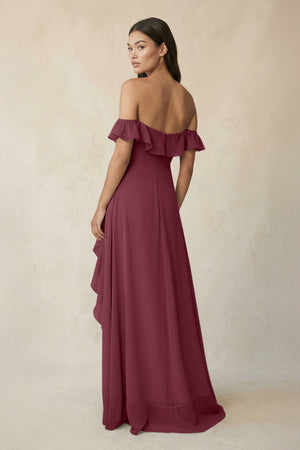 Ruffled Off-the-Shoulder A-Line Chiffon Bridesmaid Dress in Desert Rose (2) | KISSBRIDAL