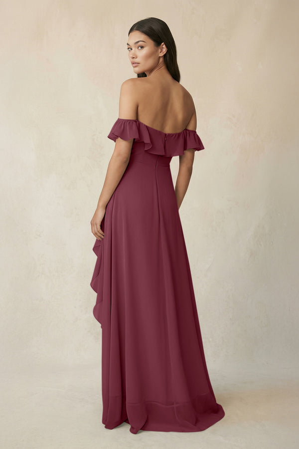 Ruffled Off-the-Shoulder A-Line Chiffon Bridesmaid Dress in Desert Rose (2) | KISSBRIDAL